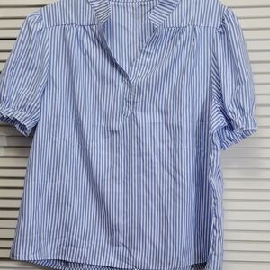 Women XXL Blue White Striped Ruffle Sleeve Collar Button 100% Polyester Blouse